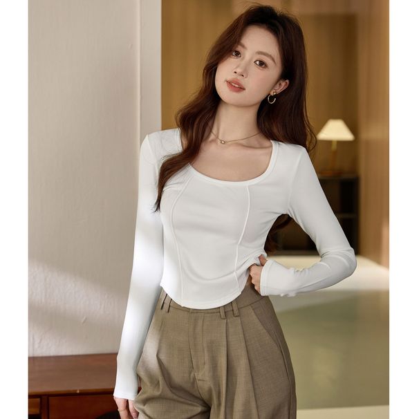 2025 #High Waisted Short T-Shirt With Brushed Texture # Women's Big U-Neck Autumn New Long Sleeved Spicy Girl Exposed Navel_ecoleips.com
