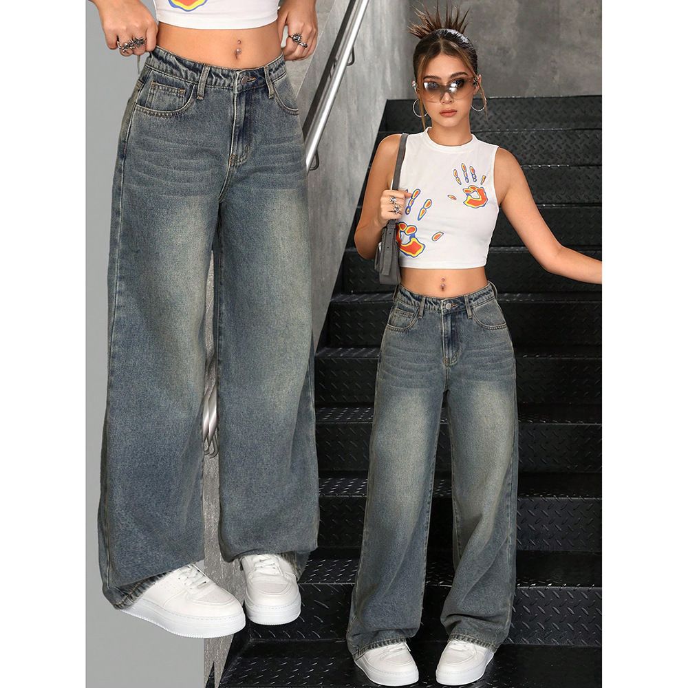 Women's Vintage Wide Leg Jeans - Retro Washed High Waist Loose Fit Denim Pants, Dark Blue & Sea Blue Flared Trousers For Boho & Street Style_ecoleips.com