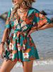 Women's Loose Printed Jumpsuit Neck Belt Short Skirt Pants Ruffled Sleeve Beach Vacation Fashion_ecoleips.com