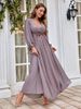 Women's Chiffon V-neck beaded floral pleated elegant ruffled shoulder sleeves pleated chest long skirt with straps and bows on the back_ecoleips.com
