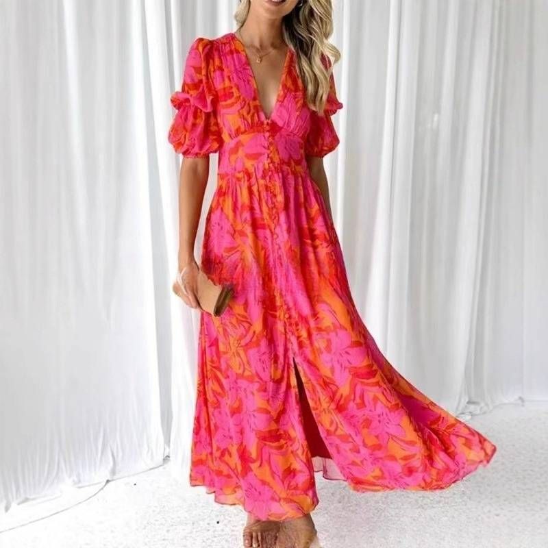 Women's Clothing Women's Short Sleeved Puff Sleeves V Neck Buttons Fashionable And Elegant Long Dress_ecoleips.com