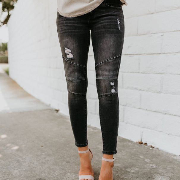 Women's Slim Fit Black Ripped Skinny Jeans – Stretch Pleated Denim Pants With Edgy Style_ecoleips.com