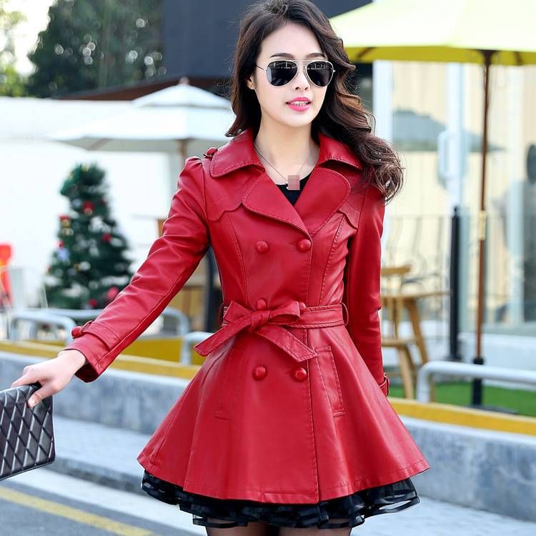 Women's Long PU Leather Jacket With Detachable Faux Fur Collar, Winter Warm Fleece Lined Coat, Slim Fit Trench Coat For Cold Weather_ecoleips.com