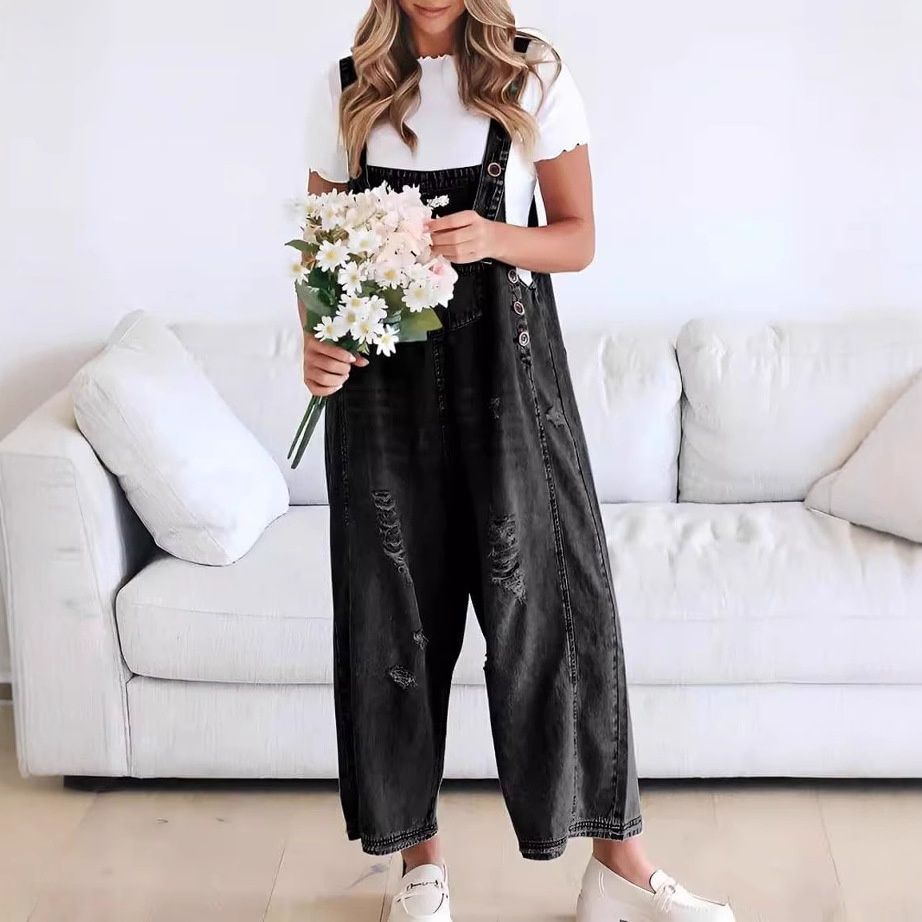 Women's Retro Distressed Wide Leg Jumpsuit Loose Comfortable Casual Denim Romper Fashionable 2025 European American Style_ecoleips.com