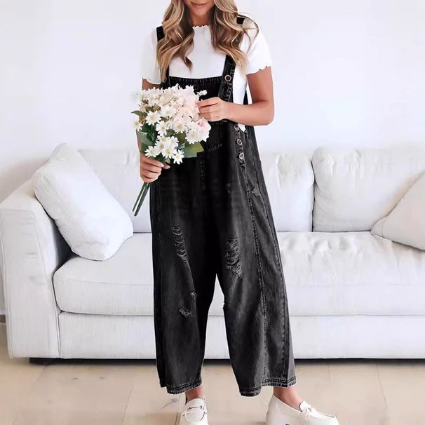 Women's Retro Distressed Wide Leg Jumpsuit Loose Comfortable Casual Denim Romper Fashionable 2025 European American Style_ecoleips.com