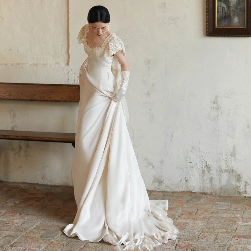 Women's Clothing Light White Style Wedding Dress Slimming Retro Simple Bridal Gown For Travel Photography Departure And Reception_ecoleips.com