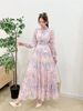 Elegant Floral Print Chiffon Maxi Dress With High Waist & Puff Sleeves – Vintage French Style A-Line Dress For Women_ecoleips.com