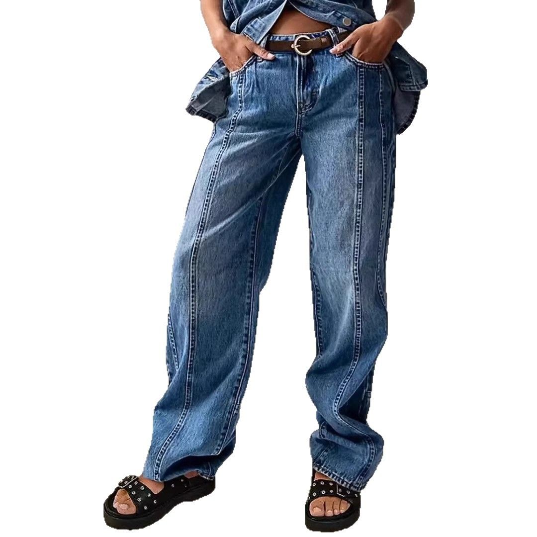 Women's Clothing Loose Wide Leg Patchwork Straight Leg Jeans Women's Trousers_ecoleips.com