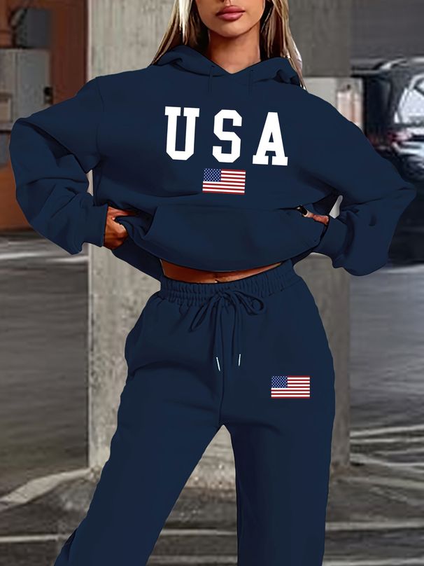 Women's Autumn/Winter Casual Fashion USA American Flag Pattern Printed Thick Fleece Warm Hoodie+Sports Pants Set-712_ecoleips.com
