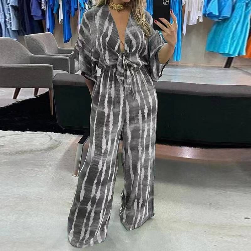 Women's Clothing Fashion Printed Belt V Neck Half Sleeve Jumpsuit Women's Clothing Rompers For Formal & Casual For Women_ecoleips.com