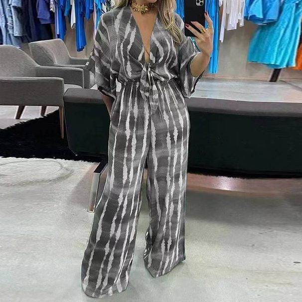 Women's Clothing Fashion Printed Belt V Neck Half Sleeve Jumpsuit Women's Clothing Rompers For Formal & Casual For Women_ecoleips.com