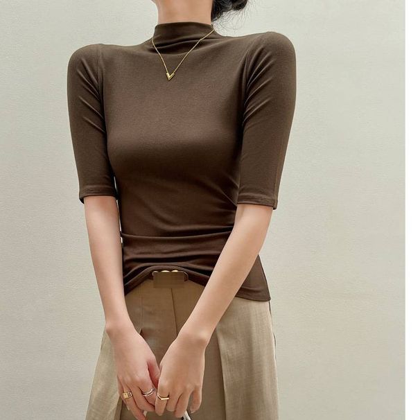 Women's Korean Style Slim Fit High Neck T-Shirt Short Sleeve Shoulder Cut Detail Autumn Winter Inner Layer Top_ecoleips.com