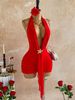 Red Crisscross V-Neck Bodycon Mini Dress for Women with Starfish Charm And Flowing Tie Detail_ecoleips.com
