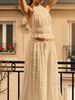 Women’s Spring Summer Chiffon Two-Piece Fitted Set, Multi-Layer Ruffle Lace Trim Cami Top With Open Back, Romantic Elegant Matching Outfit_ecoleips.com