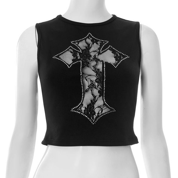Women's round Neck Sleeveless Cropped Vest Top Cross Embroidery Rhinestone Pattern New Cross Border Clothing 2025_ecoleips.com