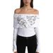 Sweet And Cool off Shoulder White Ribbed Knit Printed Slim Fit Long Sleeve Women's Top for Wholesale New Cross Border Export Product_ecoleips.com