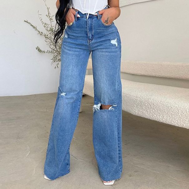 K Women's Jeans Long High Waisted Ripped Edge European And American Style Comfortable Wide Leg Pants_ecoleips.com