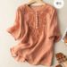 Short-Sleeved, Summer, Artistic, Retro, Loose Design, Embroidered Round-Neck, Thin Cotton And Linen Women's Top_ecoleips.com