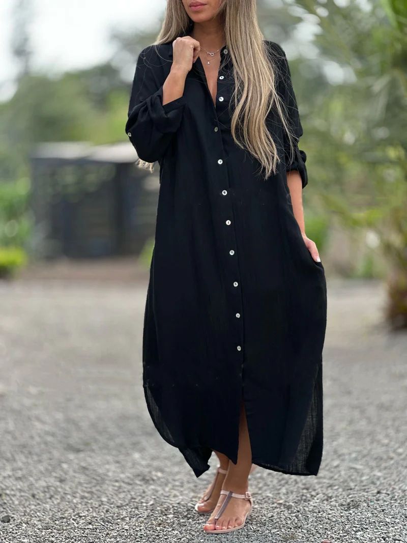 Women's Clothing Cotton Linen Shirt Fashion Casual Long Sleeve Cardigan Dress_ecoleips.com