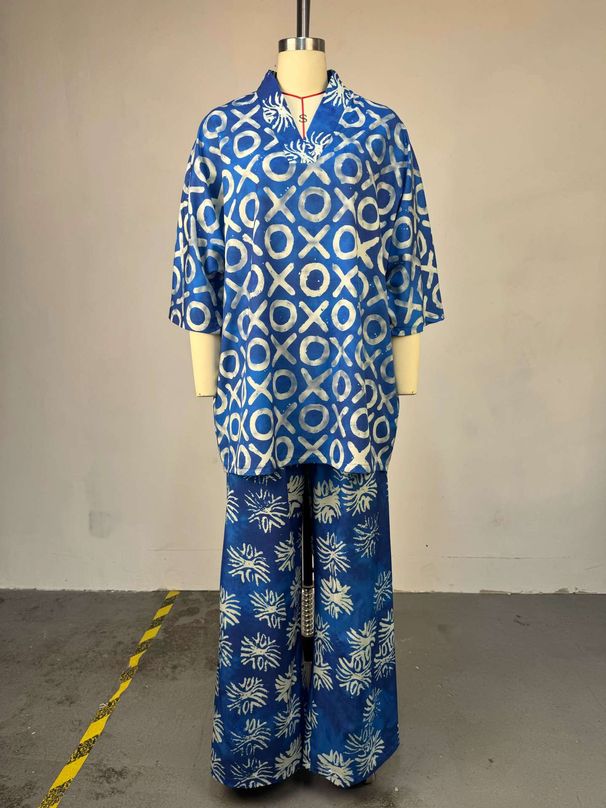 K Women's New Sweet And Fresh Printed V-neck Bat Sleeve High Waisted Straight Leg Pants Two-piece Set_ecoleips.com