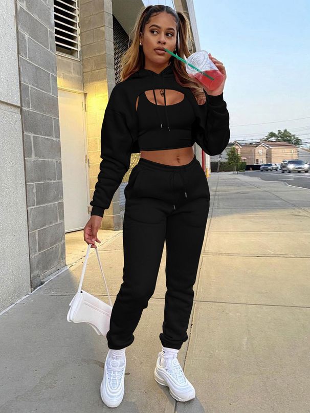 Women's Clothing Women's Casual Autumn And Winter Plus Velvet Drawstring Long Sleeved Short Hoodie With Vest And Jogging Pants_ecoleips.com