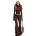 Women's High Neck Long Sleeve Tracksuit Set With Flared Pants - Solid Color Casual Outfit For Yoga, Workout & Daily Wear (White, Black, Brown, S-2xl)_ecoleips.com