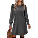 Women's Round Neck Puff Sleeve Mid Length Dress Brushed Ribbed Solid Color Autumn Winter_ecoleips.com