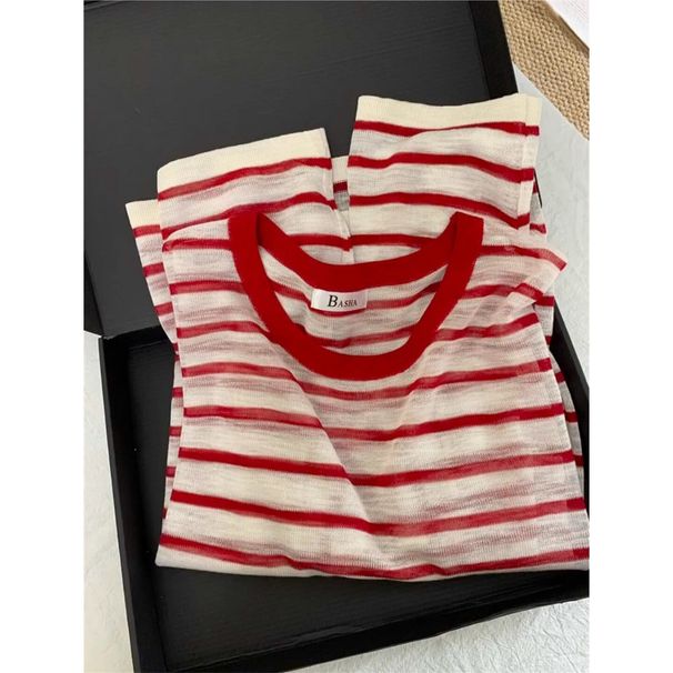 Super Stylish Red Striped Ice Silk Knitted Long-sleeve Sun Protection Shirt Women, Suitable For Early Autumn,_ecoleips.com