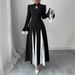 Stand Up Collar Zipper Design High Grade Lace Splicing Trumpet Sleeve Long Elegant Dress_ecoleips.com