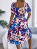 Spring Summer Square Collar Floral Mid-Length Dress Women's Casual Print A-Line Dress_ecoleips.com