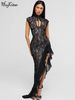 Hugcitar Ruffles Floral Print Turtleneck Sleeveless Patchwork Lace Slim Maxi Dress Irregular Women Outfit Party Club Festival_ecoleips.com