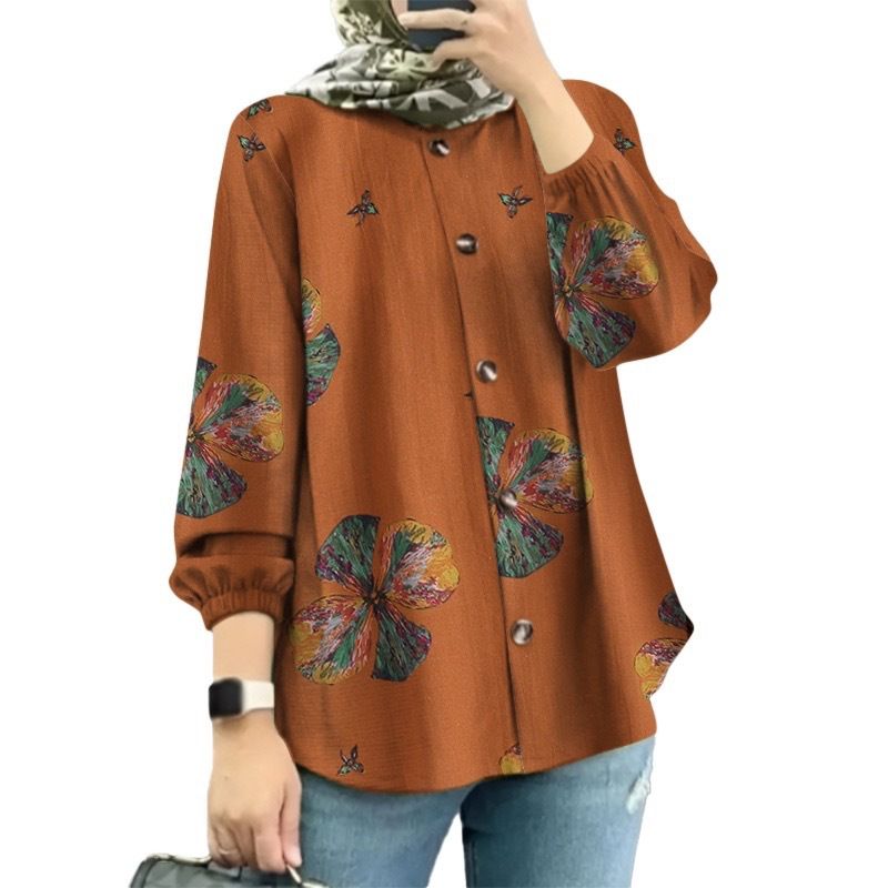Women's Clothing Muslim Floral Shirt Fashion Puff Sleeve_ecoleips.com