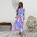 2026 Summer New Elegant Long V-Neck Printed High-Waisted Loose Fit Short-Sleeve Dress For Women_ecoleips.com
