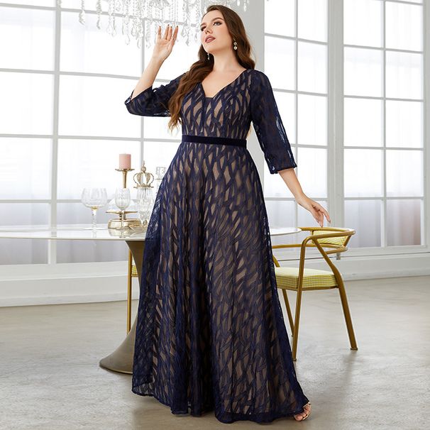 Women's Plus Size V Neck Lace Embroidered Mid Long Sleeve Elegant Evening Dress Prom Dress Party Dress Bridesmaid Dress_ecoleips.com