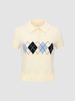 Women's Preppy Short Sleeve Cropped Sweater French- Inspired Argyle Polo Knit Top with Collar Detail_ecoleips.com