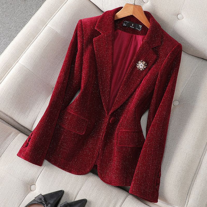Women's Petite Professional Velvet Blazer for Office 3D Texture One Button Stretch Polyester Jacket with Pockets_ecoleips.com