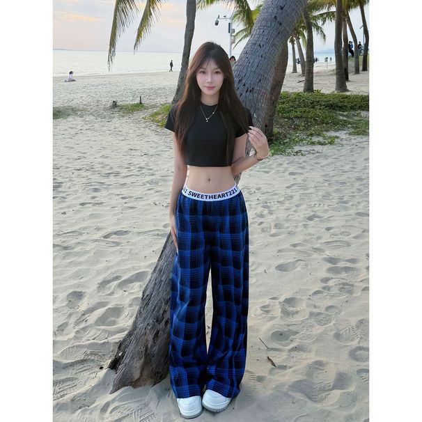 American Retro Blue Black Plaid Casual Pants For Men Women, With Lettered Waistband And Unique Design_ecoleips.com