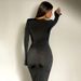 Elegant Patchwork Pleated Maxi Dress Crew Neck Flare Long Sleeve Slim Bodycon Evening Dress_ecoleips.com
