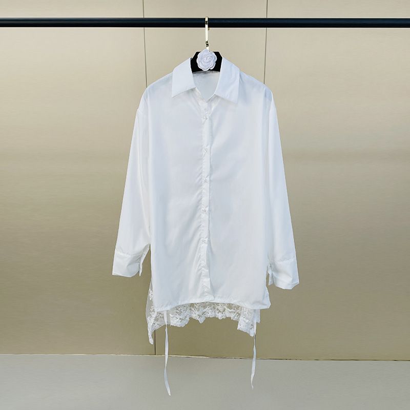 White Lace Shirt for Women Layered Backless Design Loose Fit Sun Protection Mid-Length Unique Stylish Top_ecoleips.com