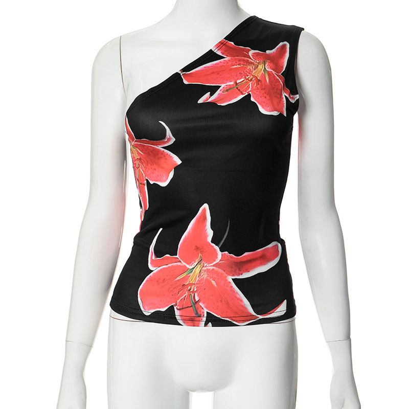 E24TP016 European And American Cross Border Lily Flower Print Oblique Collar One Shoulder Sleeveless Vest Top For Women 2024 Summer New_ecoleips.com