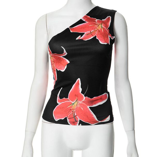 E24TP016 European And American Cross Border Lily Flower Print Oblique Collar One Shoulder Sleeveless Vest Top For Women 2024 Summer New_ecoleips.com