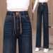 "Plus-Size High-Waisted Flared Jeans – Winter Fleece-Lined Stretch Denim For Women (S-6XL, Relaxed Fit, Elastic Waist, Dark Blue/Light Blue)"_ecoleips.com