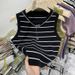 Women's Clothing Striped Knit Camisole Summer Wide Shoulder Straps Base Layer Fitted Tank Top Anti-Exposure Regular Fit Polyester_ecoleips.com