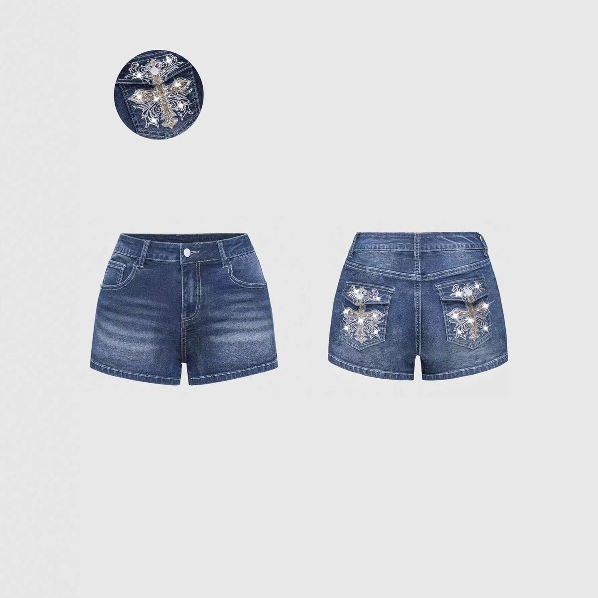 Women's Heavy Duty Cross Stamped Rhinestone Embroidery Denim Shorts Blue Grey Sexy Jeans Factory Direct Stock_ecoleips.com