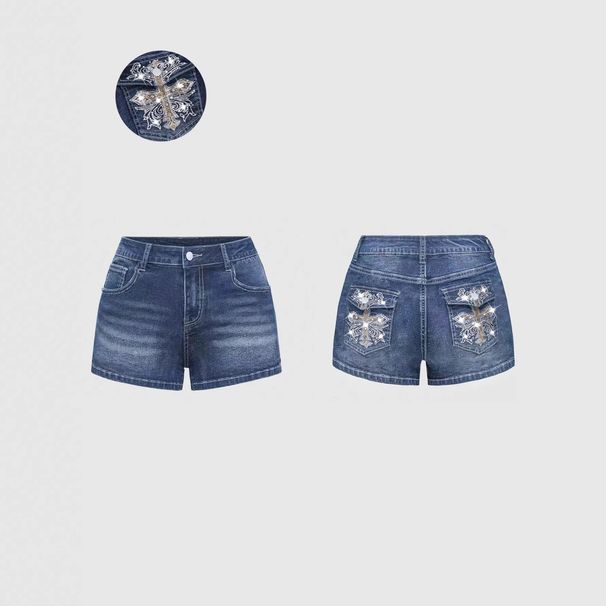 Women's Heavy Duty Cross Stamped Rhinestone Embroidery Denim Shorts Blue Grey Sexy Jeans Factory Direct Stock_ecoleips.com