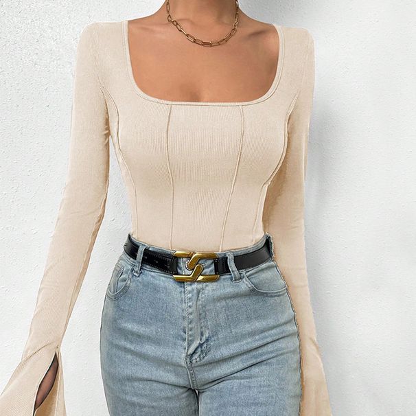 Voya Women's 2026 Spring/summer Sexy Slim Fit Square Neck Flared Sleeves With Exposed Back And Bottom Layer T-shirt Jumpsuit_ecoleips.com