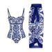 Blue And White Porcelain Print One Piece Bikini Set European American Style Tulle Skirt Hot Spring Beach Resort Quick Drying Summer Swimwear_ecoleips.com
