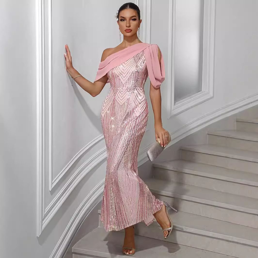 European And American New Women's Dress One Shoulder Chiffon Splicing Sequin Long Dress Party Dress_ecoleips.com