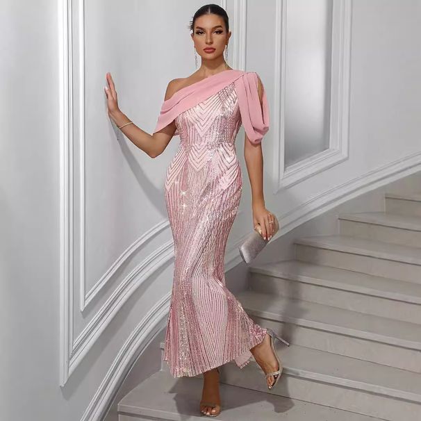 European And American New Women's Dress One Shoulder Chiffon Splicing Sequin Long Dress Party Dress_ecoleips.com