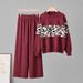 Women's Leopard Print Knit Two Piece Suit round Neck Long Sleeve Top with Casual Wide Leg Pants European American Style for Autumn Winter_ecoleips.com